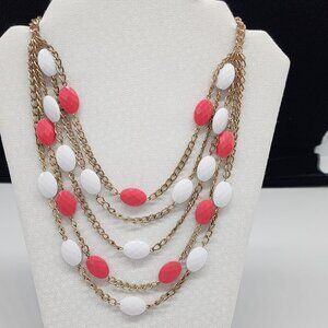 Gold Tone Multi Layer Chain Necklace With White & Coral Beads Chunky Statement J